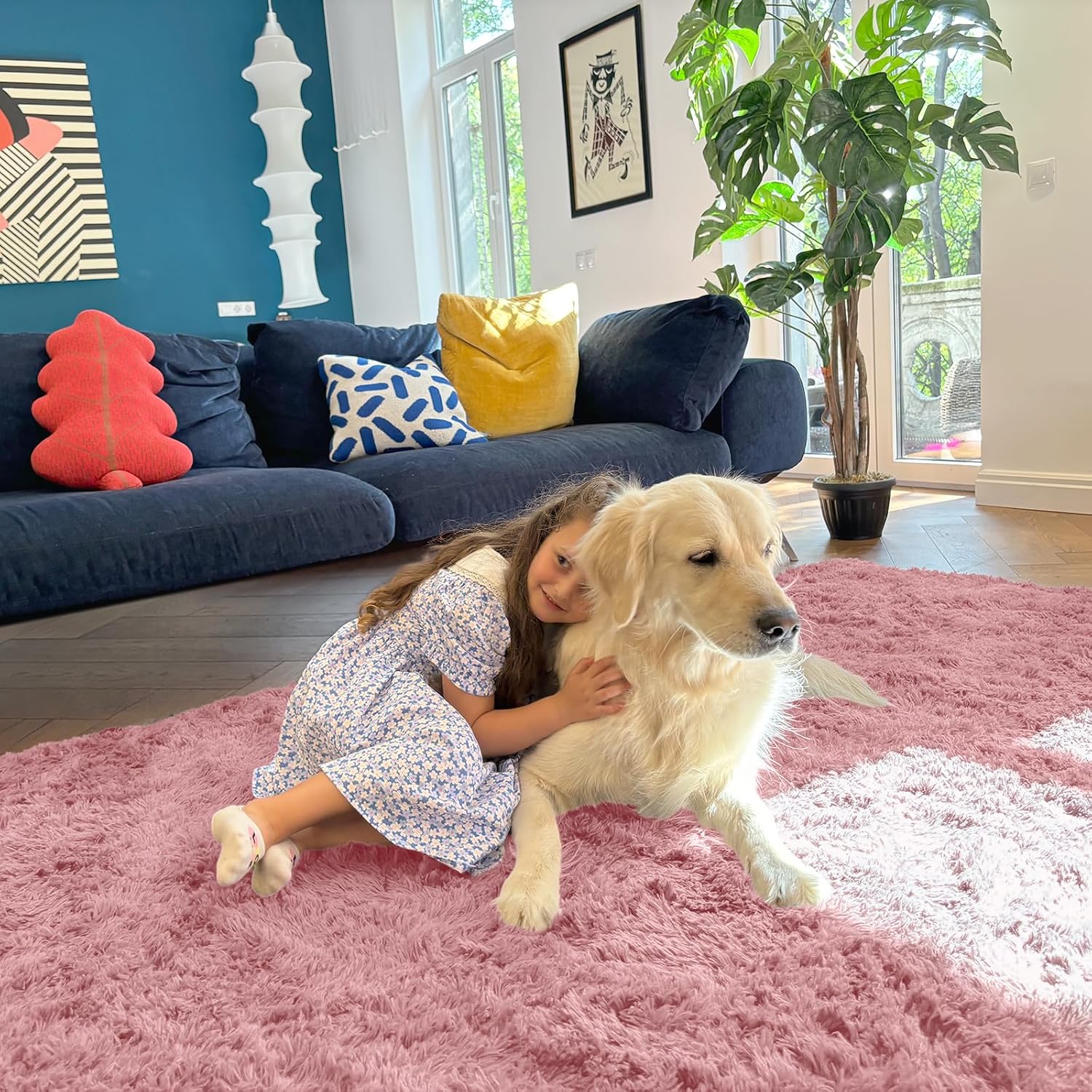 OLANLY Large Area Rug - Soft Fluffy Shaggy Carpet for Living Room & Bedroom | 8x10, Pale Pink