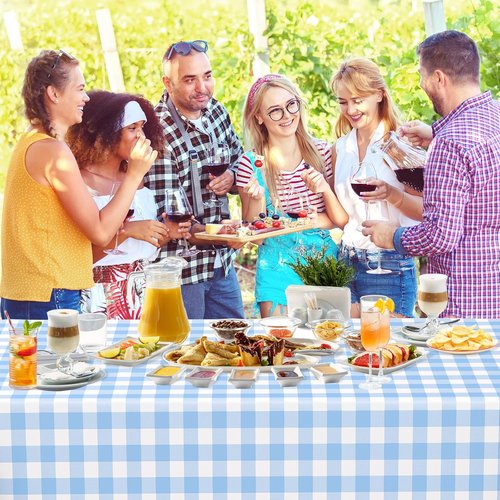 Blue Gingham Tablecloth by [Brand Name] - Disposable Plastic Checkered Table Cover | Perfect for Picnics, Weddings & Parties (54 x 108 Inch)