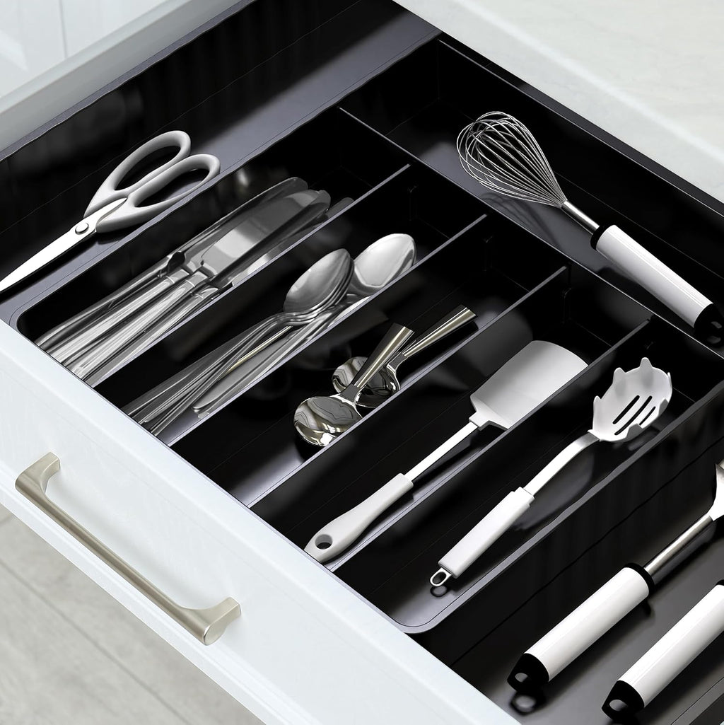 Simple Houseware Flatware Organizer - Adjustable Black Kitchen Drawer Tray with 9 Compartments for Utensils