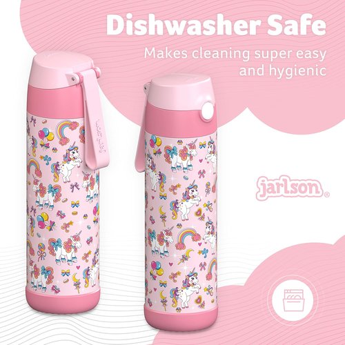 Jarlson® Kids Water Bottle CHARLI | 18oz Stainless Steel Insulated Thermo Bottle with Straw - Spill Proof for School & Sports (Unicorn)
