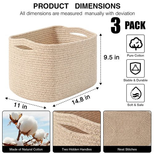 Dcerzxzci Storage Baskets for Organizing Shelves, Woven Cotton Rope Basket for Storage, Dog Toy Baskets Storage Kids, Cute Shelf Basket for Living Room Bedroom, 14.8"×11"×9.5", Pack of 3, Brown