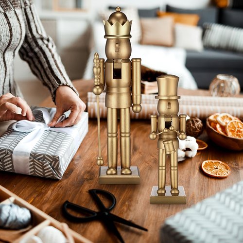 Quzzil 2 Pcs Christmas Nutcracker Ornaments Neutral Nutcracker Figures 10'' 15''Christmas Decor Ornament Soldier Festive Collectible Gift for Table Fireplace Shelf Desktop(Gold,Wooden)