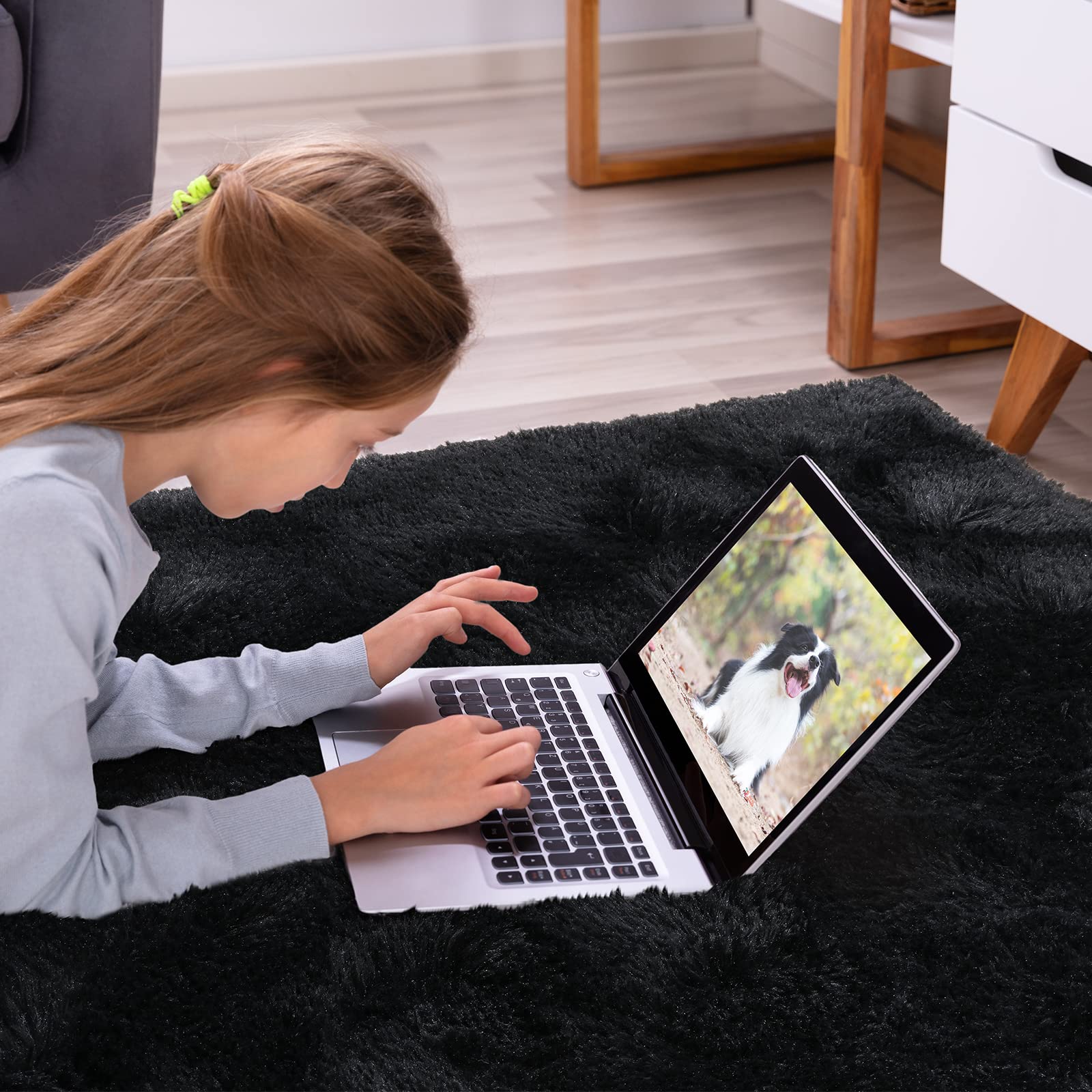 Softlife Area Rug for Living Room, Fluffy Shag Plush 5.3x7.6 Black Rugs for Bedroom Girls, Shaggy Soft Fuzzy Kids Large Carpet for Dorm Bedside Ultra Cozy Non-Slip Indoor Decor