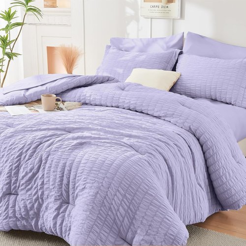 HYMOKEGE Comforter Set - Light Purple Seersucker 7-Piece Luxury Bedding | All-Season Bed in a Bag