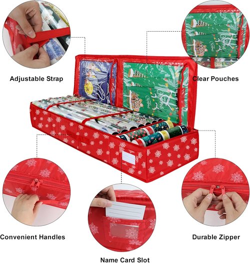 Gift Wrap Storage Organizer by Christmas | Heavy-Duty 600D Underbed Bag with Pockets - Large Size for Holiday Accessories