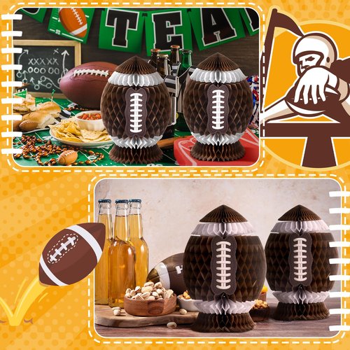 Fourluoo 3Pcs Football Party Decorations Large Football Honeycomb Centerpieces 3D Ball Table Decor Sports Ball Paper Honeycomb Decorations for Tailgate Party Decoration(Dark Brown,9.8 Inch)