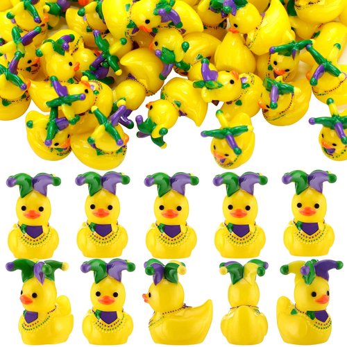 Weysat 60 Pcs Mini Mardi Gras Cruise Resin Ducks Tiny Yellow Green Purple Resin Ducks with Mardi Gras Hat Miniature Figurine Bulk Tabletop Shelf Decor for Masquerade Birthday Party Carnival Gift