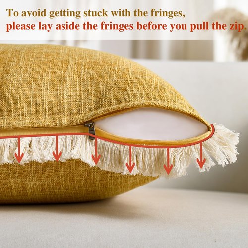 Mustard Yellow Faux Linen Decorative Throw Pillow Covers 18x18 Inch Set of 2 Boho Farmhouse Pillowcases with Tassels Rustic Woven Textured Burlap Cushion Cases for Sofa Bed Living Room Home Decor