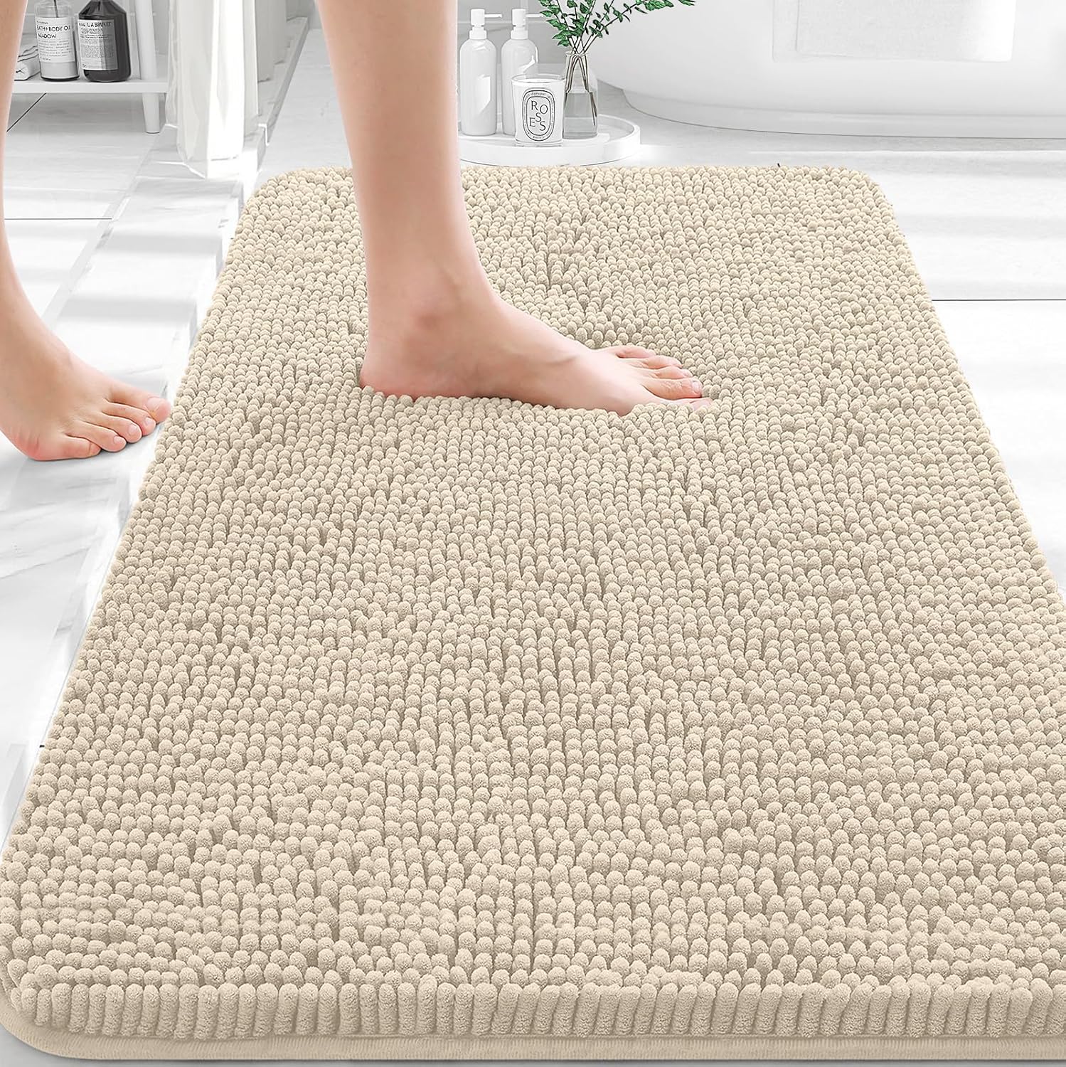 OLANLY Bath Rugs - Extra Soft Chenille with Rubber Backing | Quick Dry, Machine Washable, 30x20, Sand
