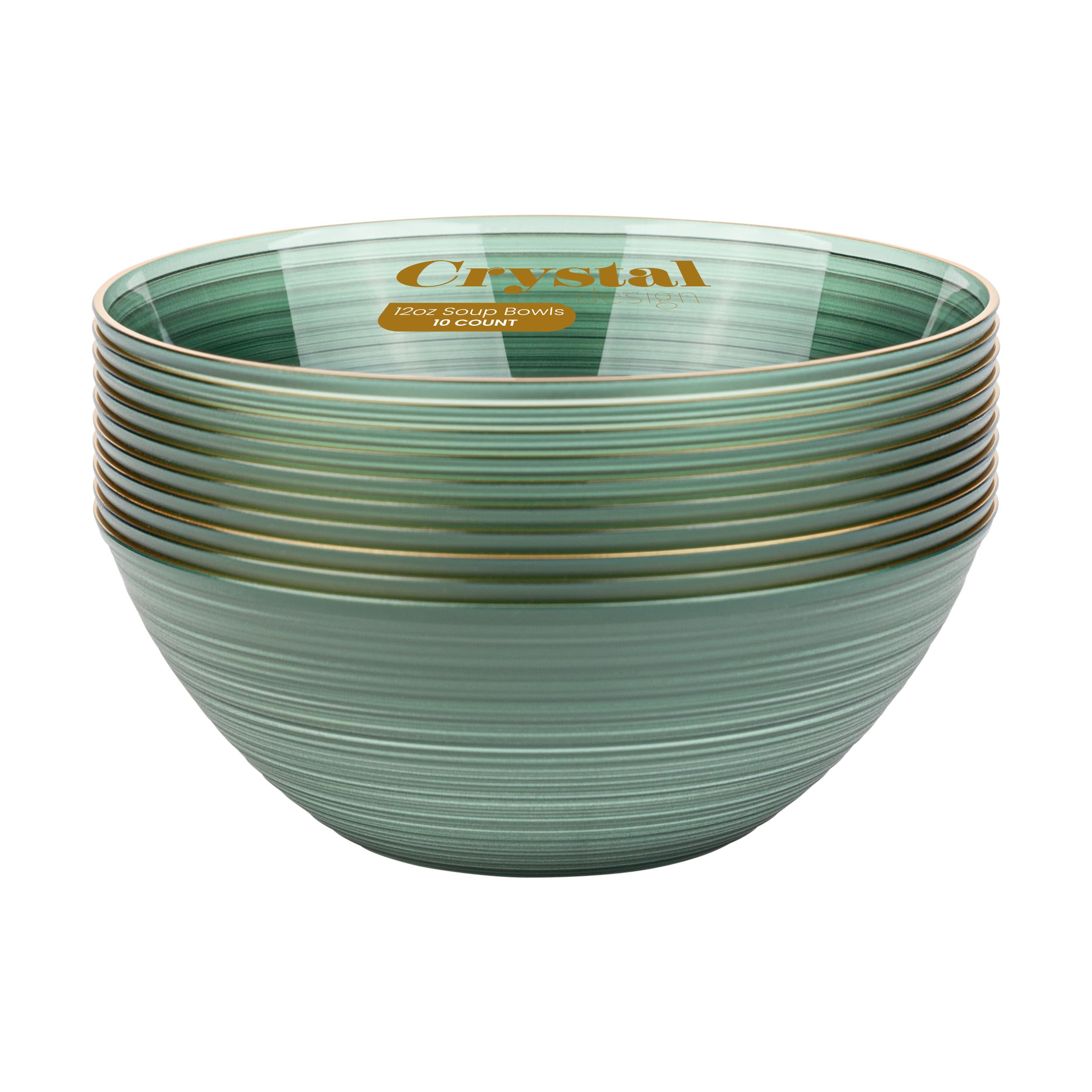 PLASTICPRO 32 Pieces Crystal Design Plastic Bowls 16 ounce Gold Rim Elegant Disposable Plates, Transparent Green