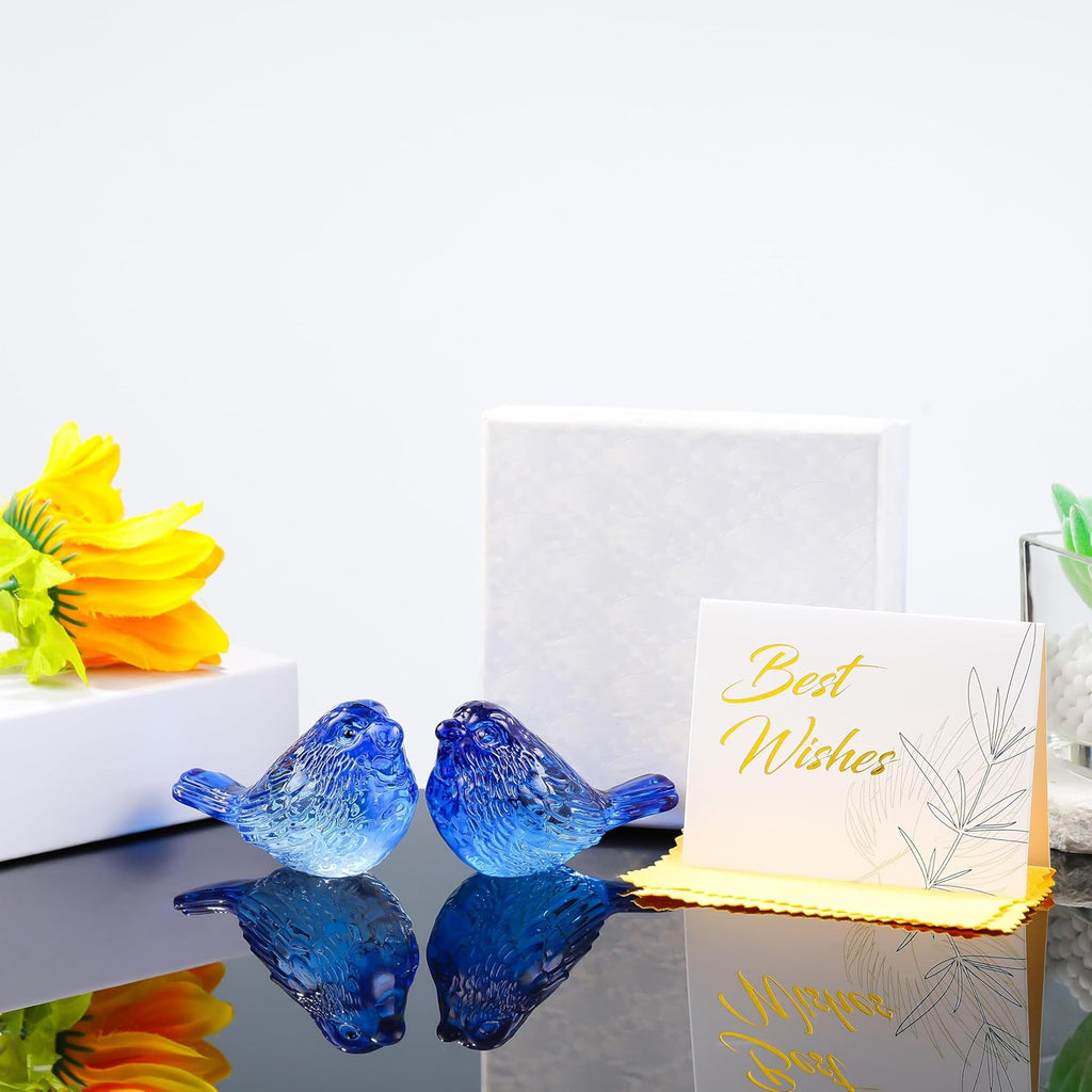 Qianwei Crystal Bird Figurine Set - Handmade Blown Glass Blue Birds for Office Desk Decor | 2PCS