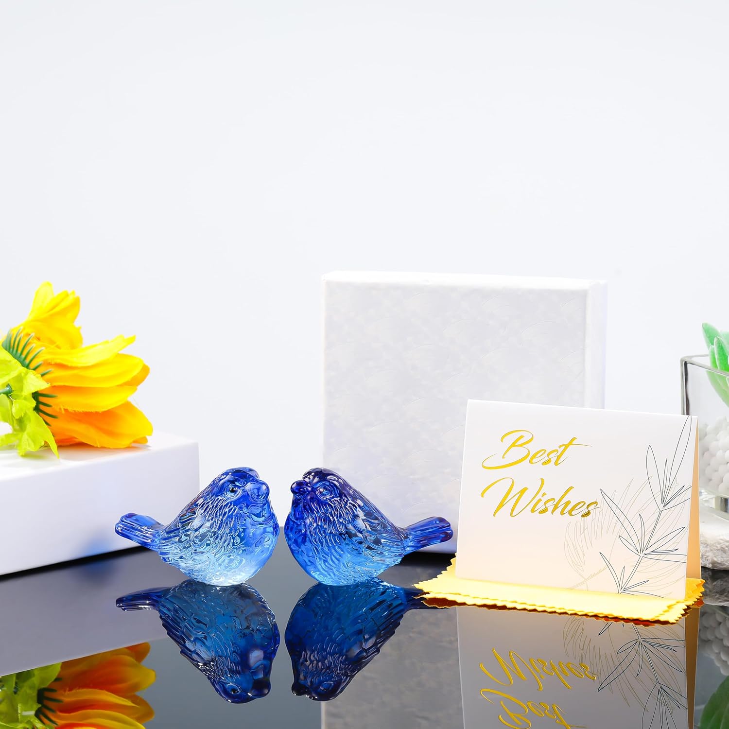 Qianwei Crystal Bird Figurine Set - Handmade Blown Glass Blue Birds for Office Desk Decor | 2PCS