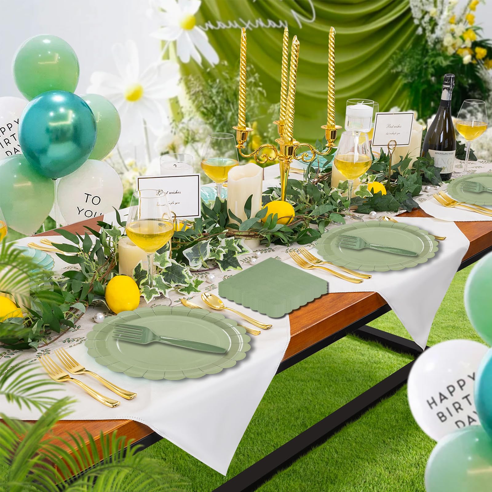 150Pcs Sage Green Paper Plates and Napkins,50 Sage Green Guest Scalloped Paper Tableware Forks Disposable Dinnerwaret Kit for Baby Shower Bridal Wedding Birthday Party New Year Decorations (7inch)