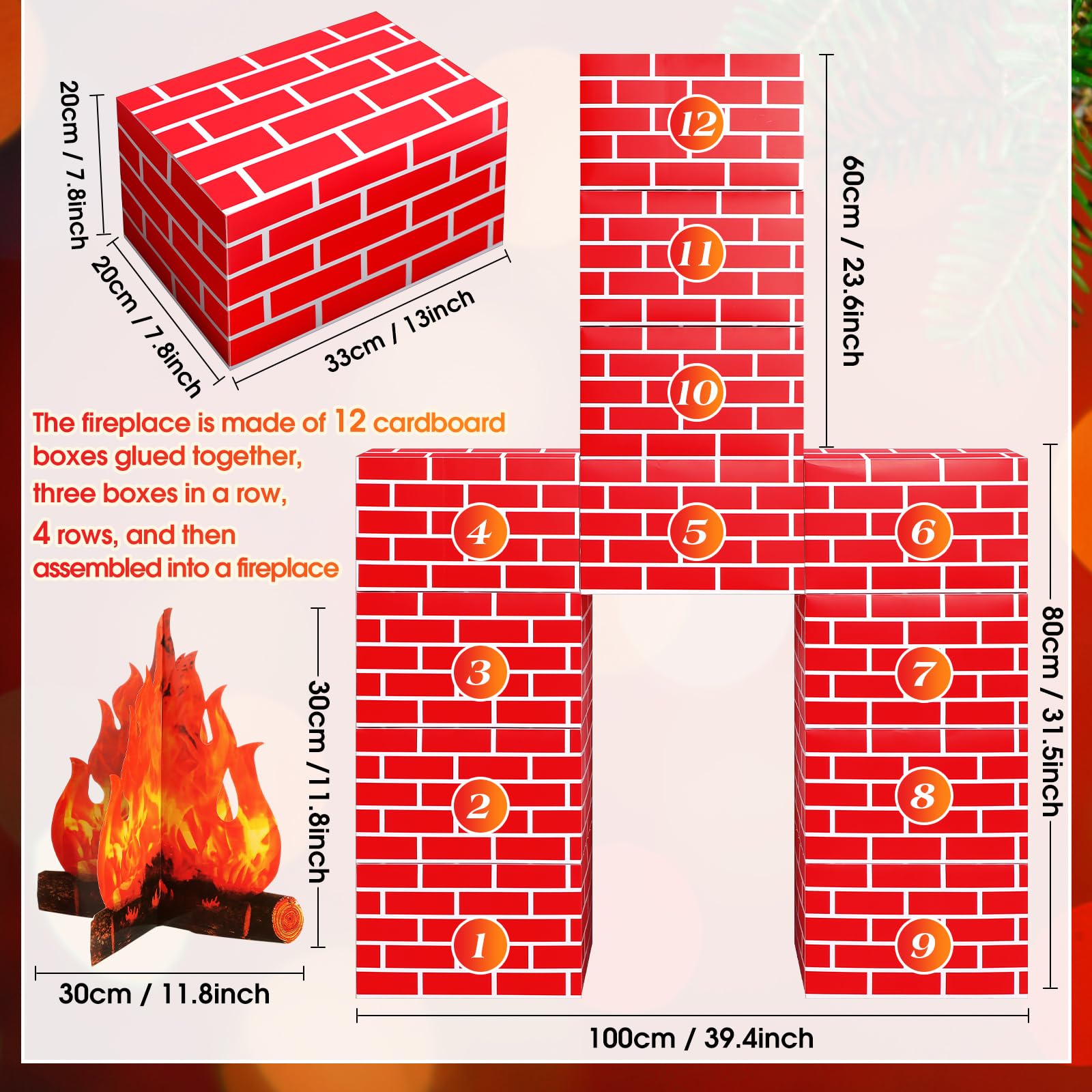 Fullhawl 13 Pcs 3D Winter Cardboard Fireplace 39 x 59 Inch DIY Winter Artificial Fireplace with 3D Fire Flame Prop Fake Fire Place Backdrop for Xmas Party Background Decoration(Red Brick)