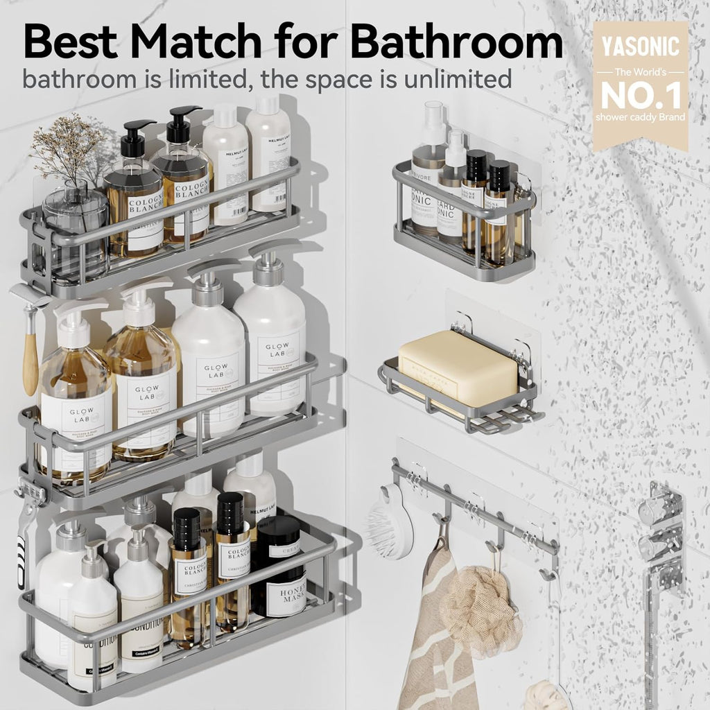 YASONIC Shower Caddy - Large Capacity Organizer with Soap Holder & 12 Hooks | Rustproof Grey Shelves
