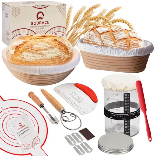 SOURACE Sourdough Starter Kit with 10" Round & 9" Oval Banneton Proofing Basket and Starter Jar, Complete Sourdough Bread Baking Supplies and Baking Gifts for Women, Men, and Bread Bakers