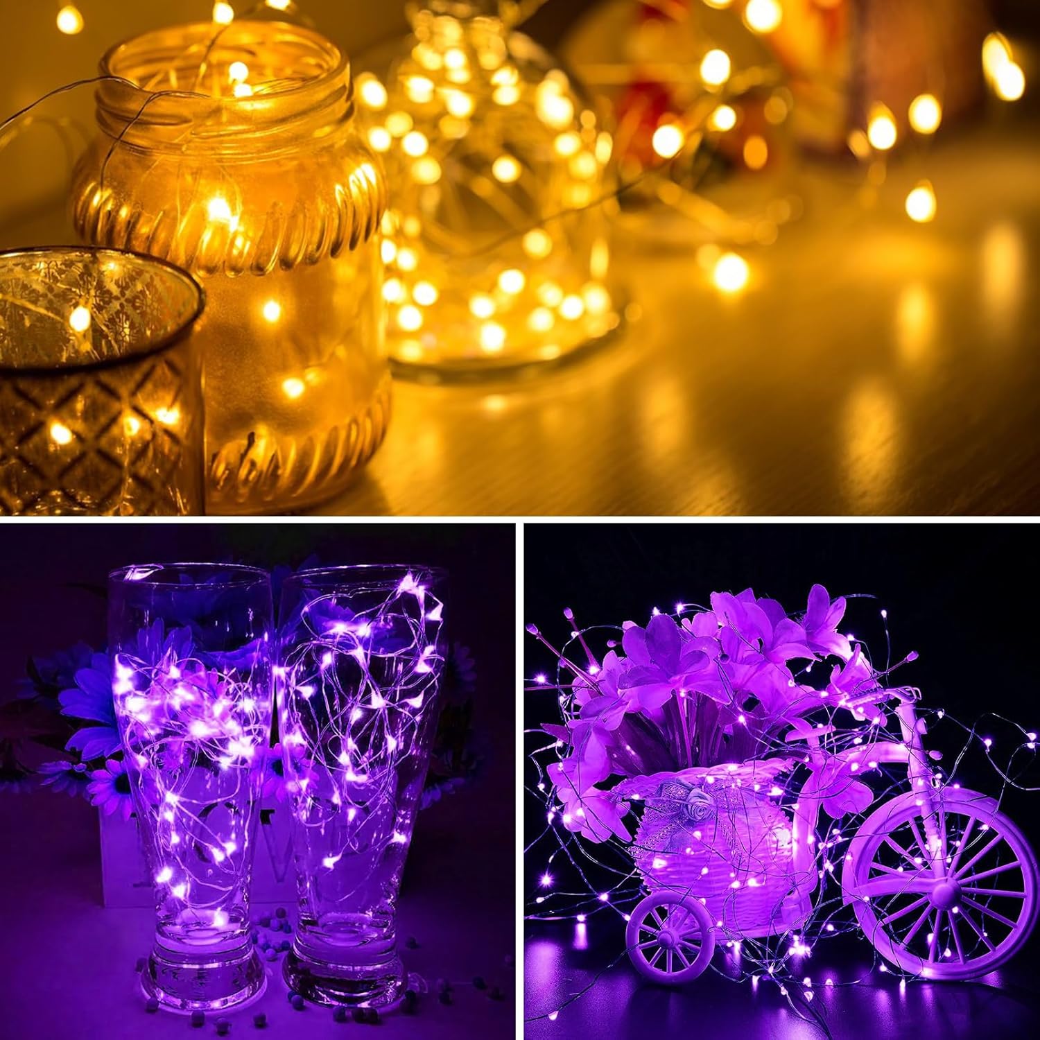 ZGWJ Fairy Lights - 12 Pack Battery Powered, 7Ft Silver Wire, 20 Mini LEDs, 3 Modes | Warm Purple for DIY & Events