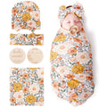 DRESHOW BQUBO Baby Girl Newborn Floral Receiving Blankets with Bow Hat Headband Wooden Birth Announcement Card Set Newborn Baby Swaddling Hats Swaddle Blanket Toddler Warm Shower Gift