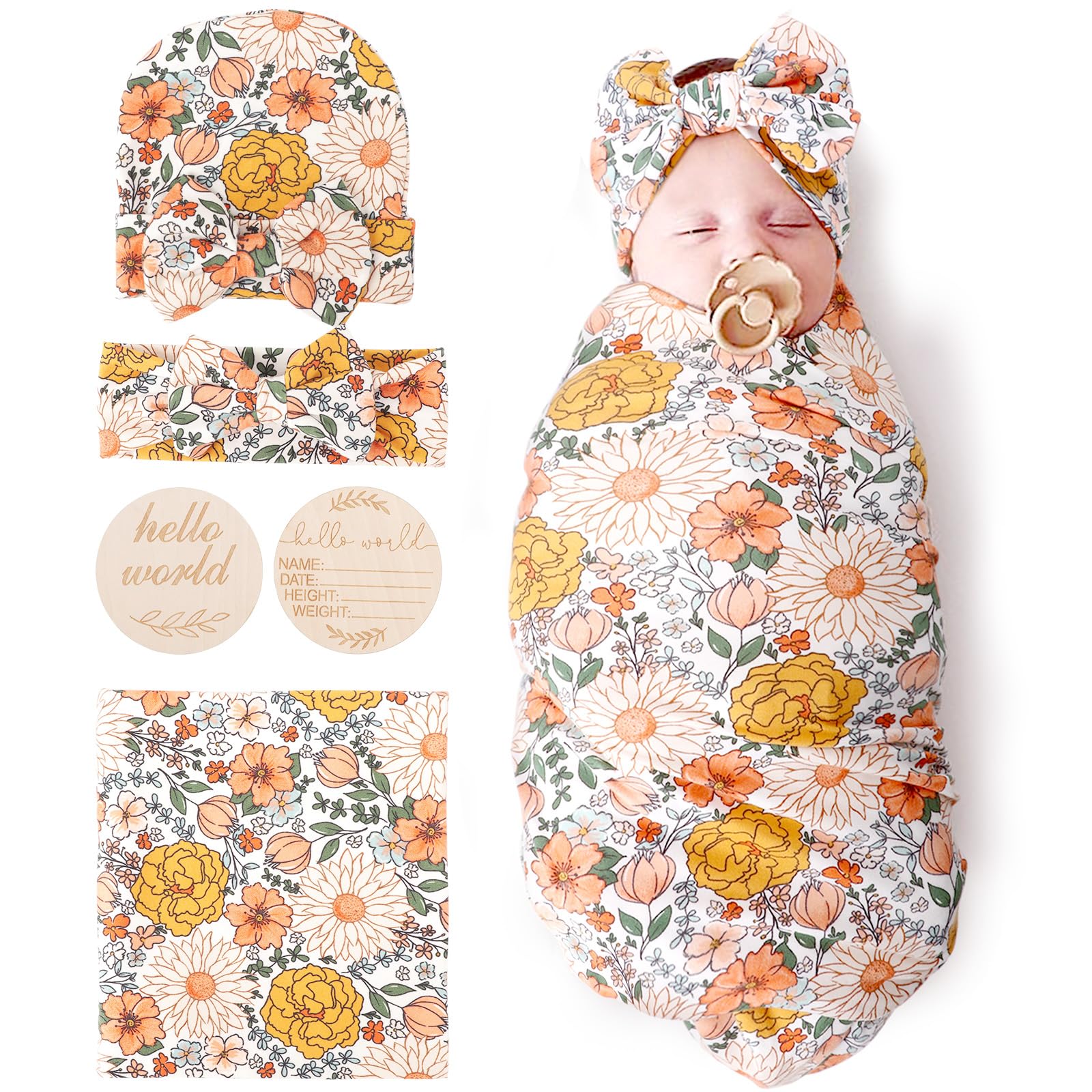 DRESHOW BQUBO Baby Girl Newborn Floral Receiving Blankets with Bow Hat Headband Wooden Birth Announcement Card Set Newborn Baby Swaddling Hats Swaddle Blanket Toddler Warm Shower Gift