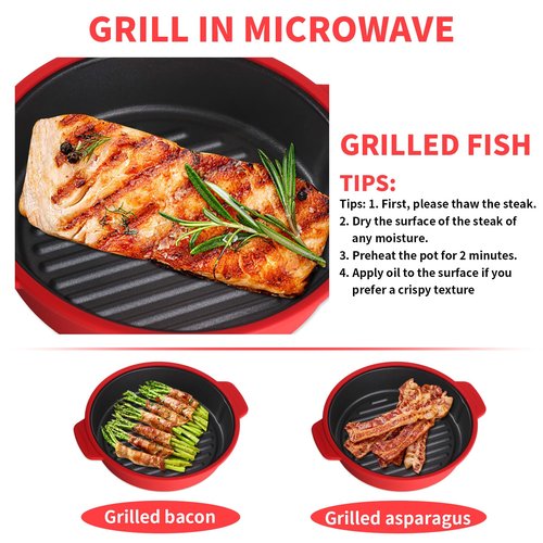 Microwave Grill Pan, Fry Griddle Crisper Pan with Lid for Grilling Browning and Crisping Foods Microwave Silicone Cookware for Baked Potato Meat Sandwich Vegetable Dark Grey