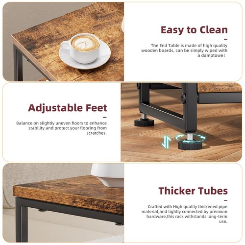 Simple Trending Side Table, End Table Living Room, Bedside Table for Sofa Couch, Nightstand with 3 Tiers Open Shelves, Rustic Brown