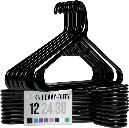 Neaterize Heavy Duty Clothes Hangers - 12 Pack Black Plastic Hangers for Coats, Jackets & Suits