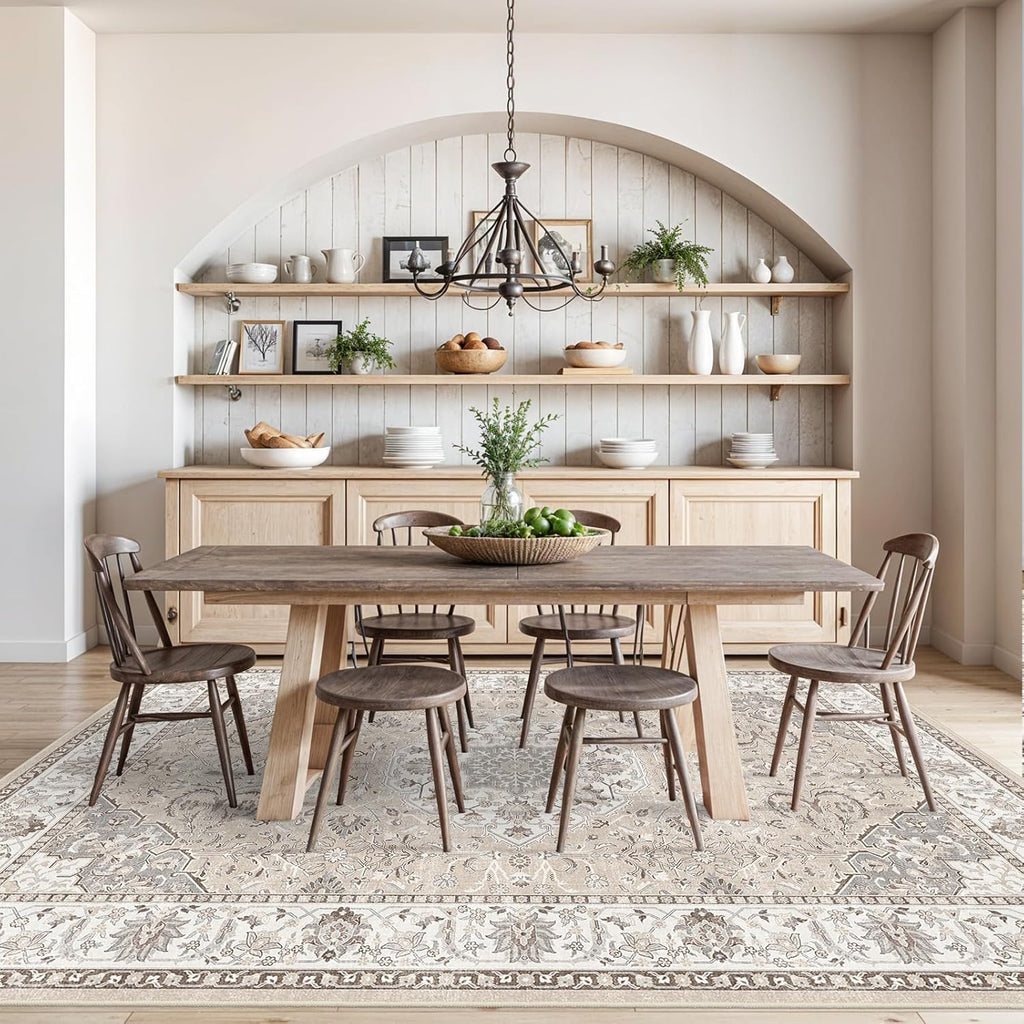 Skiennix 8x10 Living Room Rug - Washable Oriental Stain Resistant Carpet | Ultra Soft Non-Slip Beige Mat for Home Decor