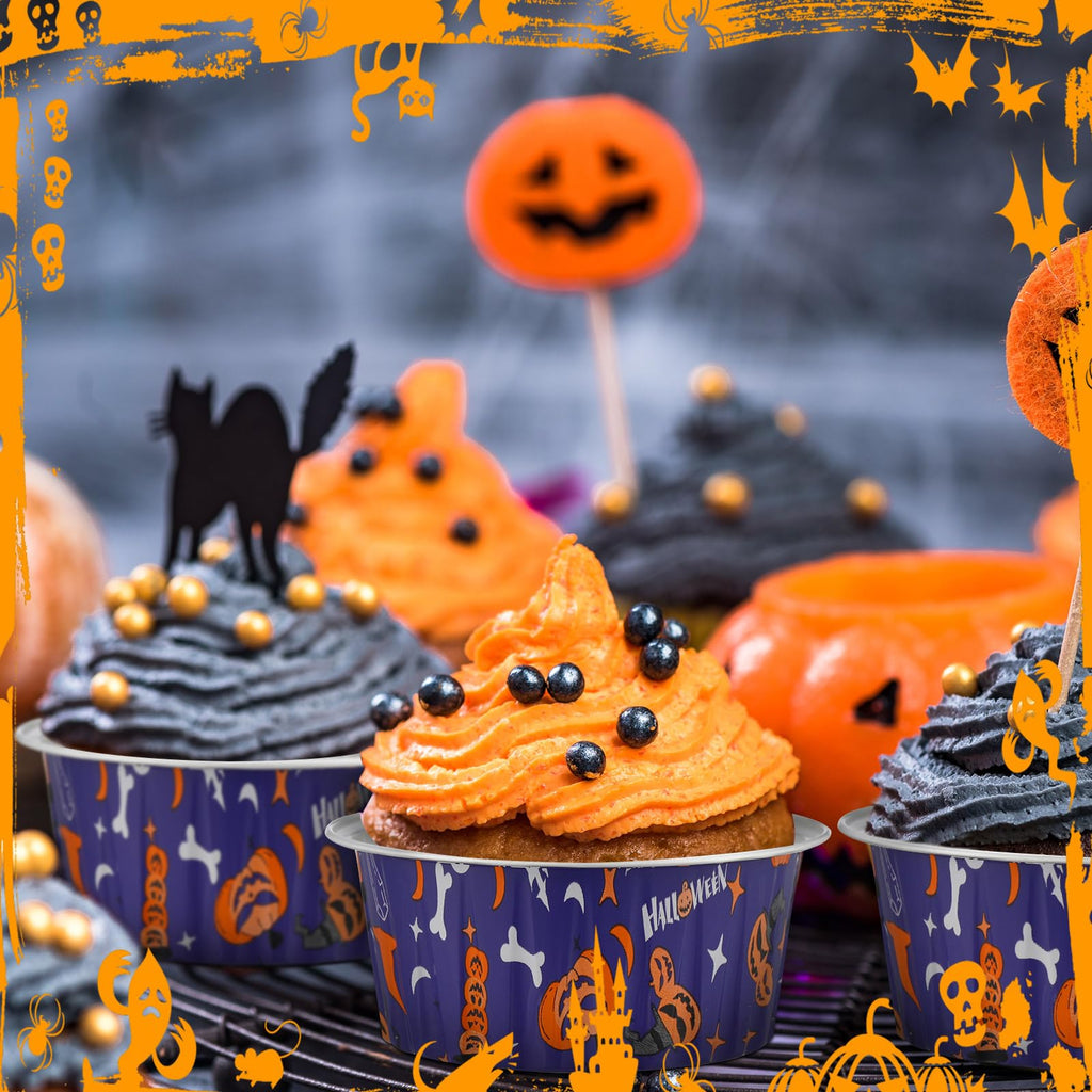 Teenyyou 100 Pcs Halloween Mini Aluminum Foil Cupcake Baking Cups with Lids 5 oz Baking Liner Cups Cupcake Containers Pans or Halloween Party Wedding Birthday Party (Round)