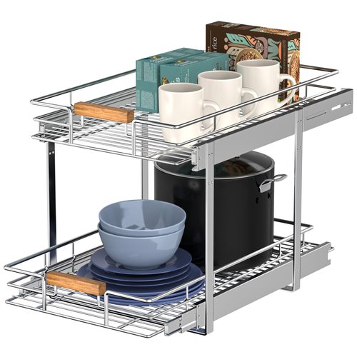 Mount Walker Pull Out Cabinet Organizer(11" W x 21" D), 2 Tier Wire Basket Slide Out Shelf Storage with Wood Handle, Pull Shelf Drawers for 12-1/4” Cabinet Opening, Chrome