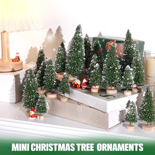 30pcs Mini Christmas Trees, Artificial Christmas Pine Tree Mini Bottle Brush Trees Tabletop, Small Sisal Trees with Wooden Bases, Xmas Holiday Home Decor (Green-A)