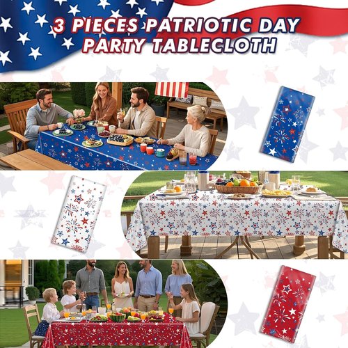3 Pcs Patriotic Tablecloth | 4th of July Red, White & Blue Disposable Table Cover - 54 x 108 Inch