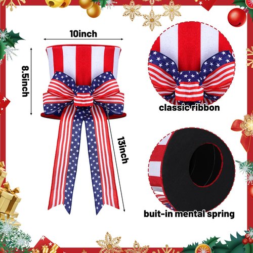 Soaoo 4th of July Tree Topper Large Patriotic Red White and Blue Hat with Striped Wreath Bow Patriotic Tree Decorations for Indoor Outdoor Independence Day Memorial Day Decor