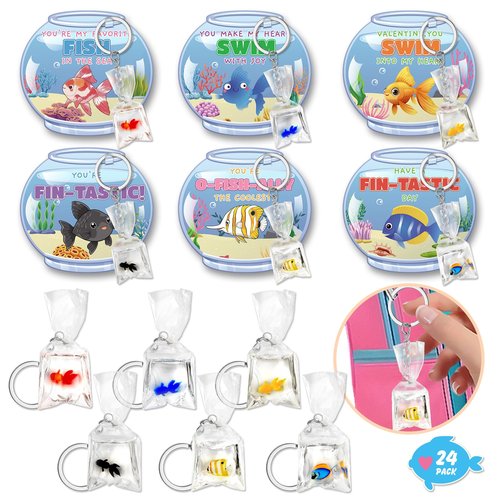 AuroTops Valentines Day Gifts for Kids,24 Pack Resin Fish Keychain with Valentines Day Cards for Kids School Classroom Exchange gifts for Boys Girls Keychains Bulk Kids Party Favors