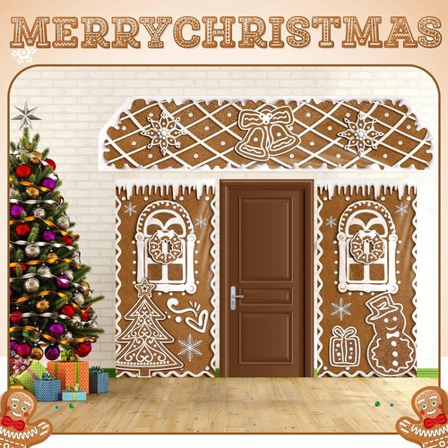 HunnmingRe Christmas Gingerbread House Decorations - 3 Pcs Door Covers & Backdrop for Holiday Photography | Snowflakes Style