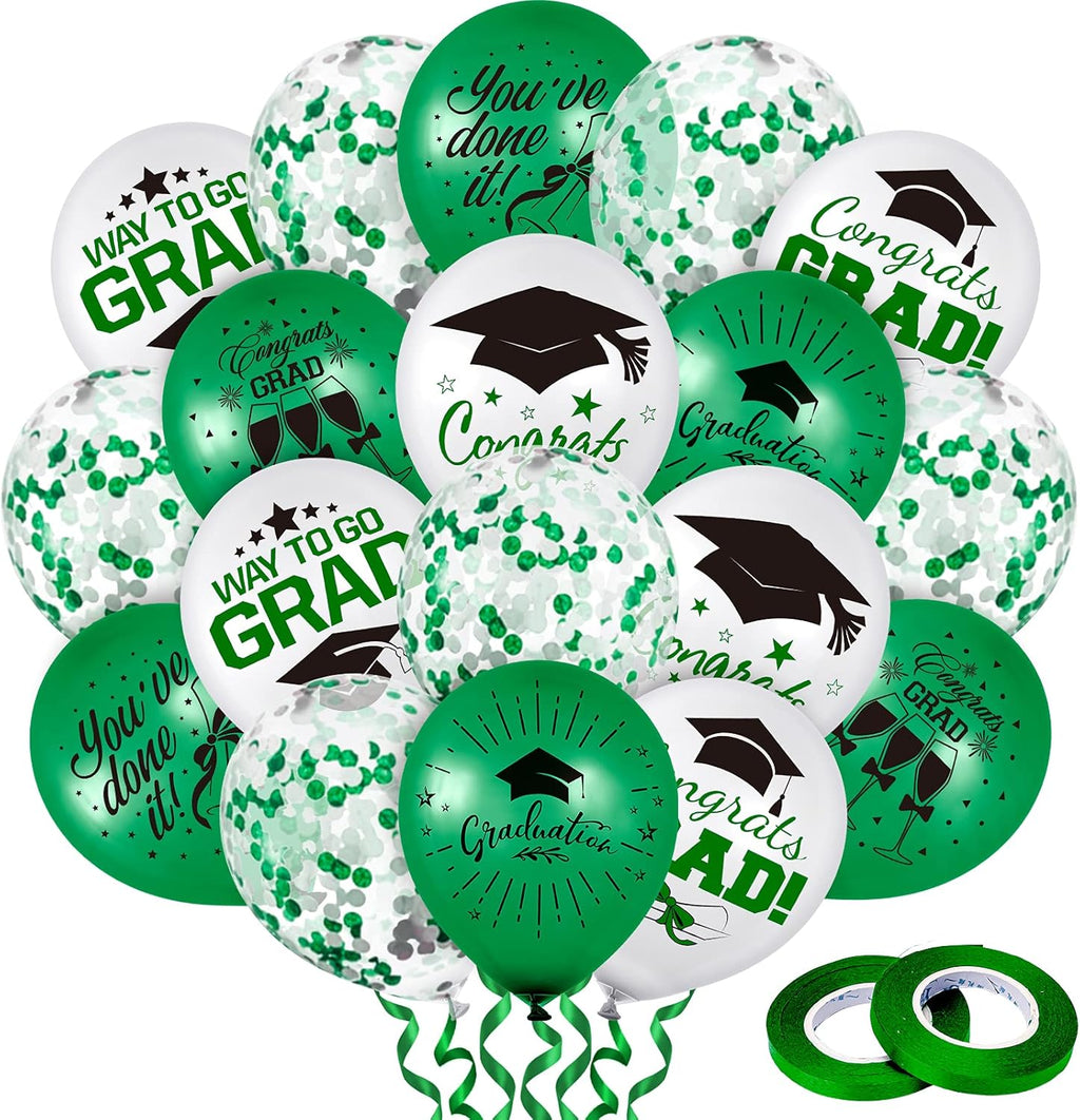 Whaline Graduation Party Balloon Set - 60 Pcs Green & White Confetti Latex Balloons | 7 Designs with Ribbon