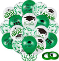 Whaline Graduation Party Balloon Set - 60 Pcs Green & White Confetti Latex Balloons | 7 Designs with Ribbon