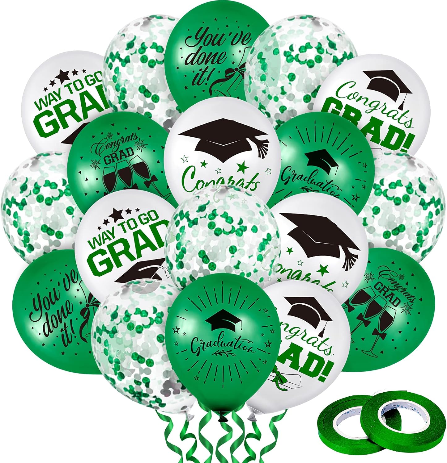 Whaline Graduation Party Balloon Set - 60 Pcs Green & White Confetti Latex Balloons | 7 Designs with Ribbon