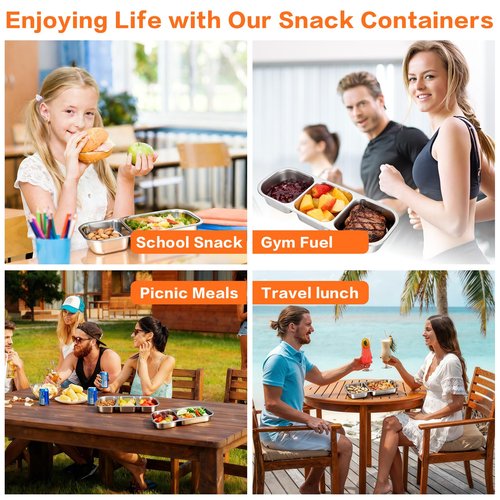 YJSLICT 4 Pack Stainless Steel Snack Containers with Lids, 3-Compartments Reusable Lunch Box for Adults, Food Storage Containers Divided Meal Prep Box for Home, Work, Travel