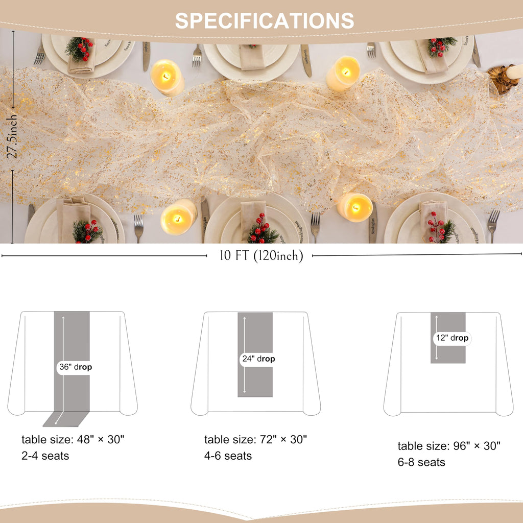 Snowkingdom 3Pcs 10Ft Gold Table Runners, Sheer Gauze Chiffon Cheesecloth Glitter Golden Metallic Foil, Gold Decorations for Home Party Wedding Birthday Anniversary Fall Thanksgiving Christmas Holiday