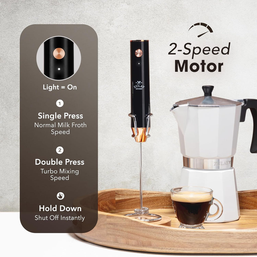 Zulay Kitchen Rechargeable Milk Frother Handheld - Lux 4 Whisks, Powerful 2-Speed Motor, Waterproof, 2000mAh Battery - Drink Mixer for Latte, Cappuccino, Matcha & Protein Powder - Dark Copper
