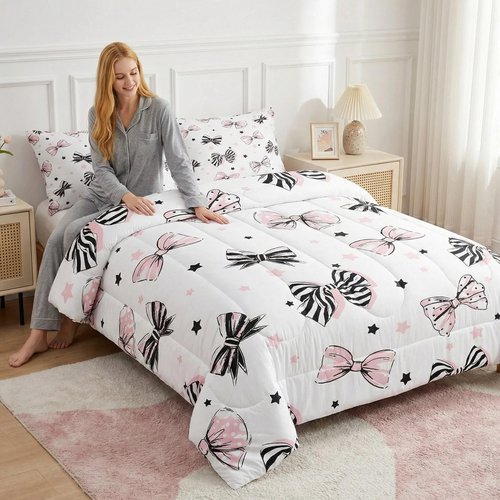 Feelyou Girls Pink Bow Comforter Set Twin Size Cute Bowknot Bedding Set for Kids Dreamy Princess Style Duvet Quilt Coquette Bow Room Decor 2 Pcs with 1 Pillow Cases Aesthetic Bed
