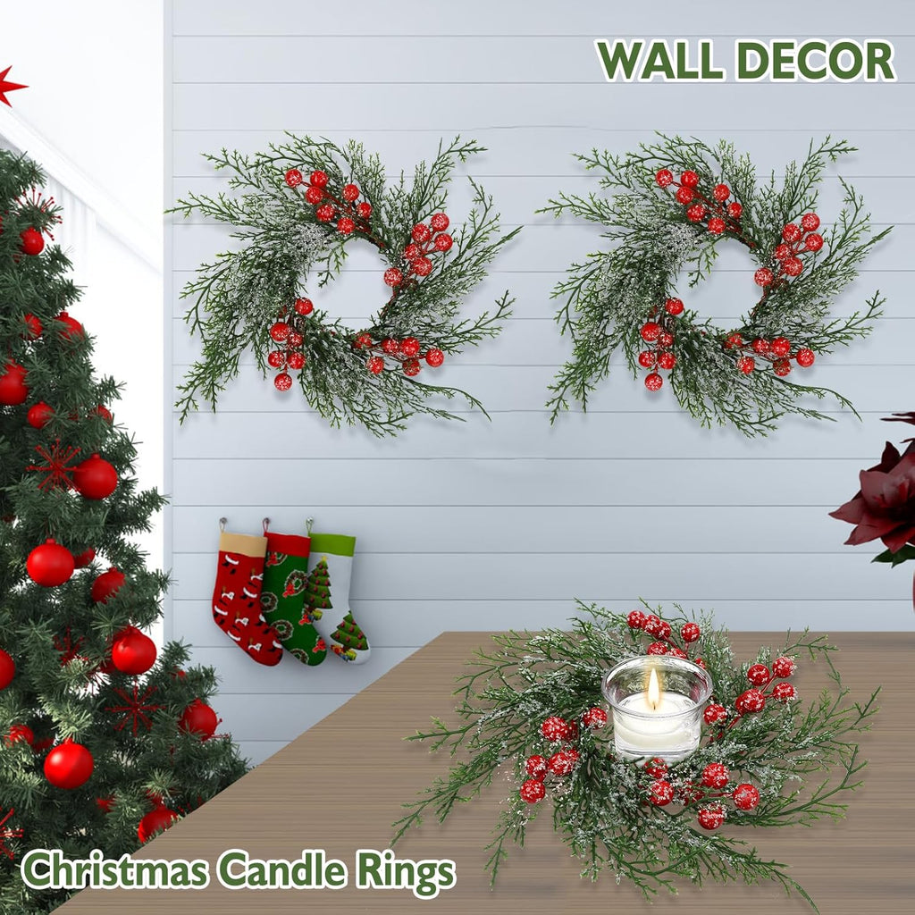 Skiennix Christmas Candle Rings - 6 Pcs Artificial Wreaths with Red Berries & Snowy Pine | Festive Table Centerpiece