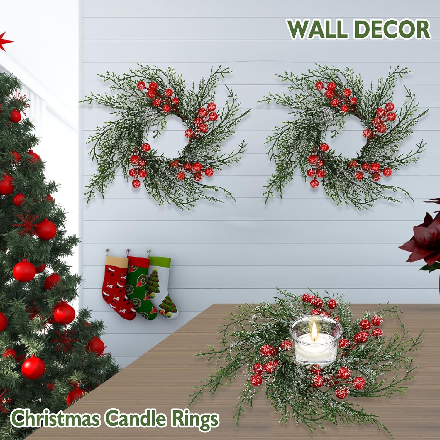 Skiennix Christmas Candle Rings - 6 Pcs Artificial Wreaths with Red Berries & Snowy Pine | Festive Table Centerpiece