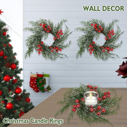 Serlvan 6 Pcs Christmas Candle Rings Wreath Artificial Candle Rings with Red Berry, Snowy Pine Garland Candle Ring Holder for Christmas Decorations Table Centerpiece