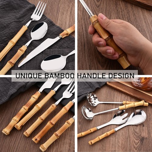Uniturcky 50PCS Silverware Set for 10, Bamboo Handle Flatware Set, Stainless Steel Cutlery Set for Home Restaurant and Party, Bamboo Forks Spoons and Knives Set, Polished Tableware