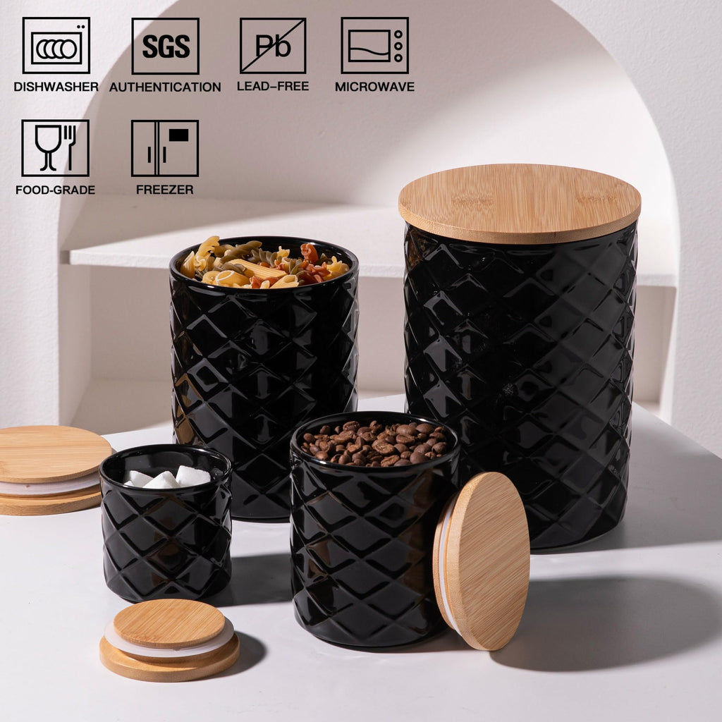 Sweejar Ceramic Canisters Sets for Kitchen Countertop, Relief Food Storage Jar with Bamboo Lid, Stackable Container for Flour, Coffee, Pasta, Cereal, Tea, Sugar, Spices, Pack of 4 (Walnut White)