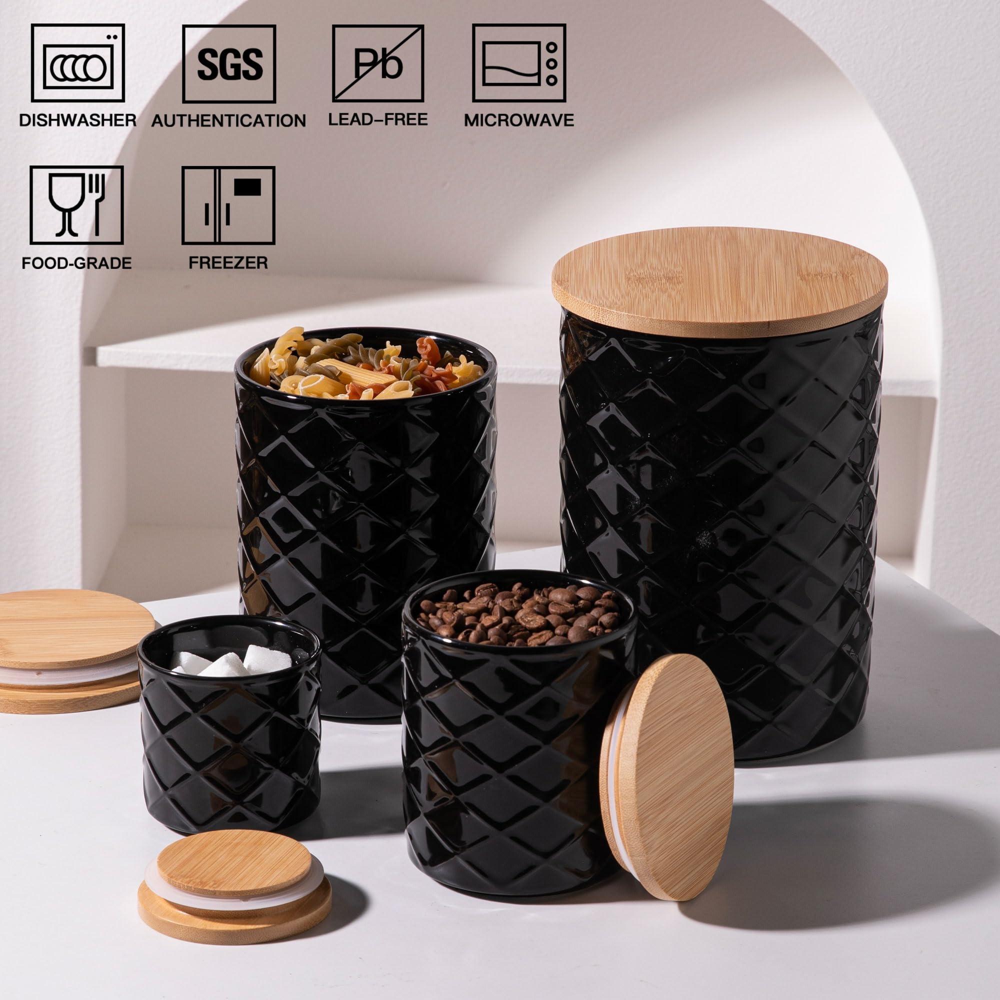 Sweejar Ceramic Canisters Sets for Kitchen Countertop, Relief Food Storage Jar with Bamboo Lid, Stackable Container for Flour, Coffee, Pasta, Cereal, Tea, Sugar, Spices, Pack of 4 (Walnut White)