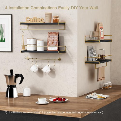 Forbena Black and Gold Bathroom Floating Shelves for Wall, Decorative Wall Mounted Shelves for Kitchen Coffee Bar Station Organizers and Storage, Hanging Shelving Unit for Bedroom Living Room (2-Pack)