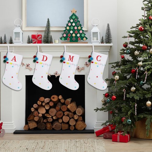 SIRIPHUM 19.5 Inches Initial Monogram White Christmas Stocking Personalized, Embroidered Letter Fleece Christmas Stocking with pom poms Decoration for Family Christmas Holiday Party Decor-A