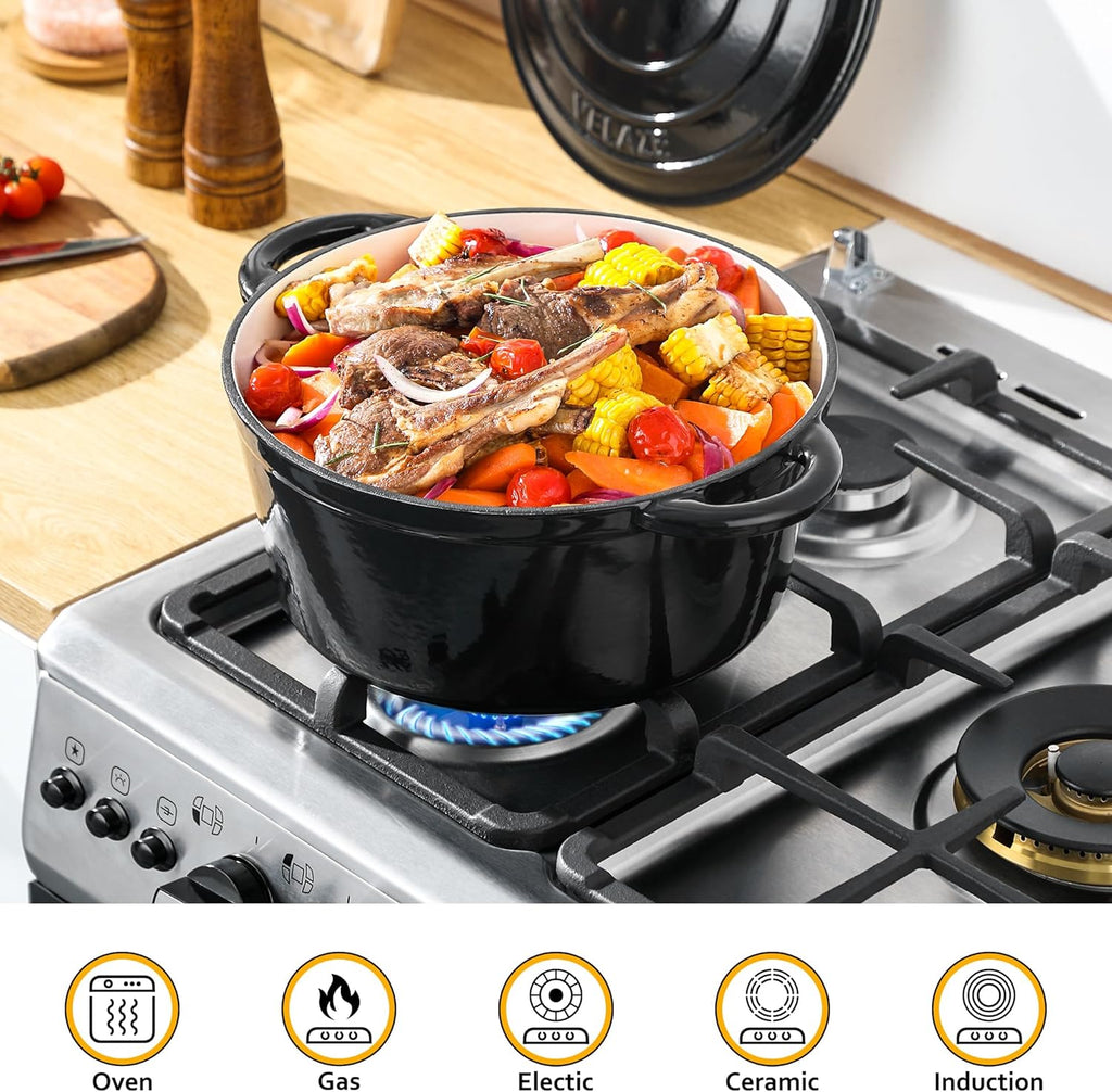 Velaze 7.5 QT Dutch Oven - Enameled Cast Iron Cookware with Dual Handles for Sourdough Baking | Black